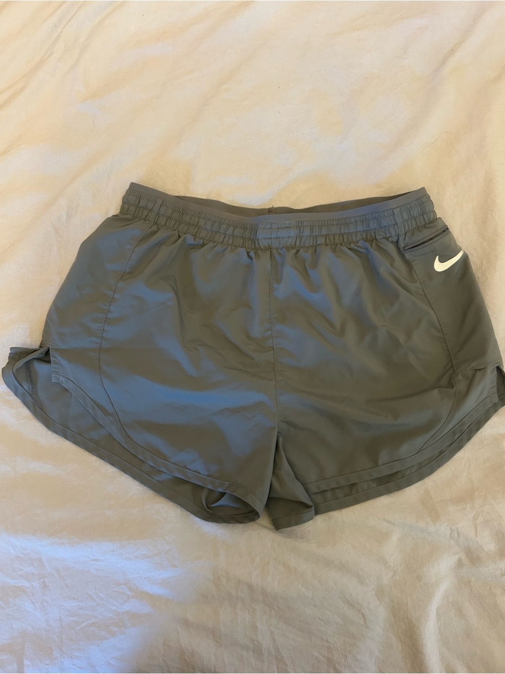 Nike Women's Olive Performance Running Shorts with White Swoosh